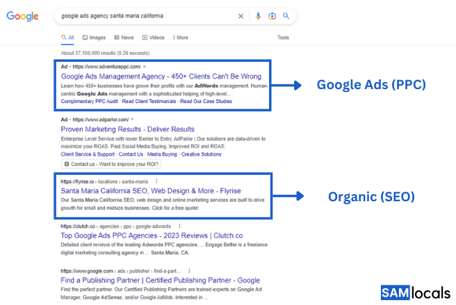 SEO and Google Ads results in SERPs demonstration by Sam Locals