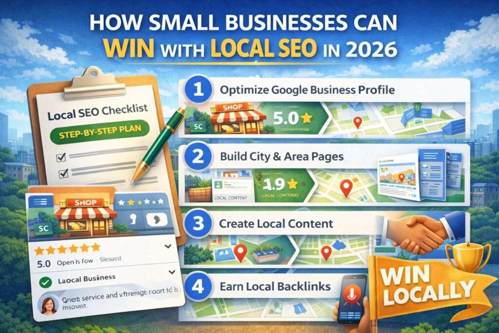 Local SEO checklist infographic showing steps for small businesses to improve local rankings in 2026