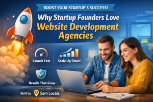 Startup founders collaborating on a laptop with a rocket launch graphic, highlighting how a website development agency helps startups launch fast, scale smart, and achieve business growth.