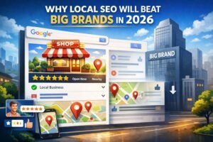 Local SEO featured image showing a small local business ranking above a big brand in Google search results with maps, reviews, and location pins in 2026