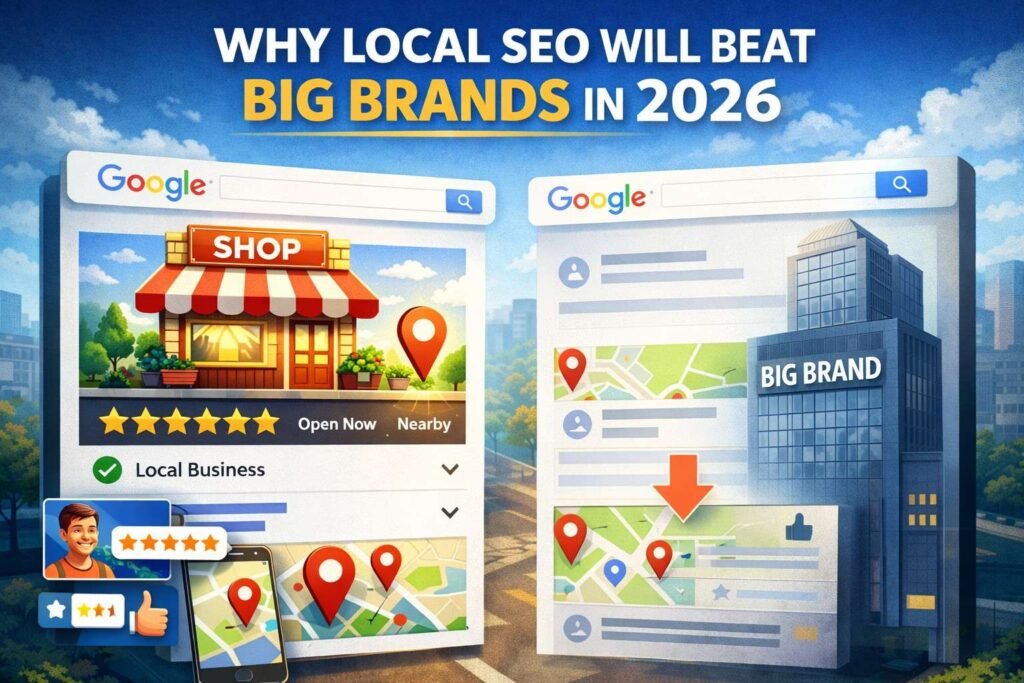 Comparison of local business and big brand search results highlighting the power of Local SEO in 2026