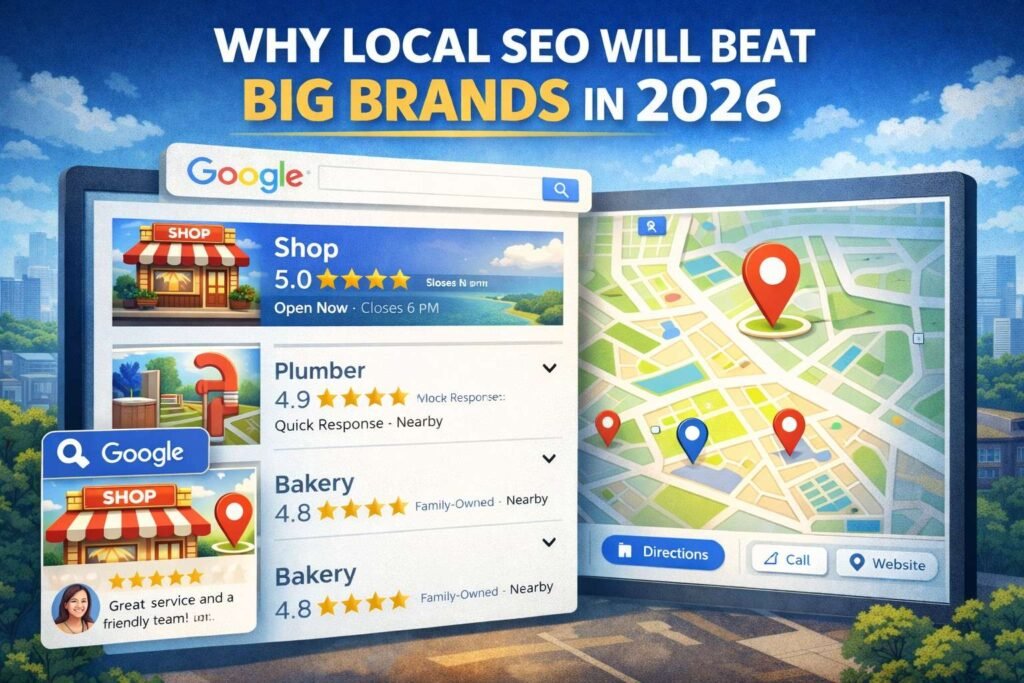 Google Business Profile local pack with map pins, reviews, and nearby businesses ranking in local search
