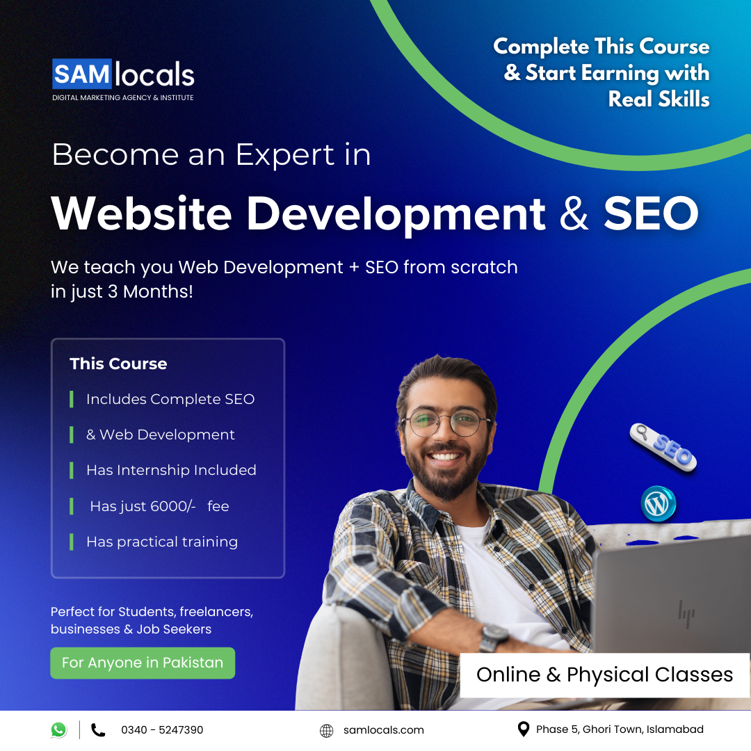 Website Development and SEO course banner by Sam Locals.
