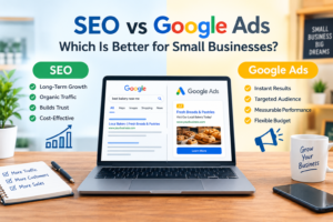 Small business laptop and marketing strategy icons comparing SEO and Google Ads for online growth.